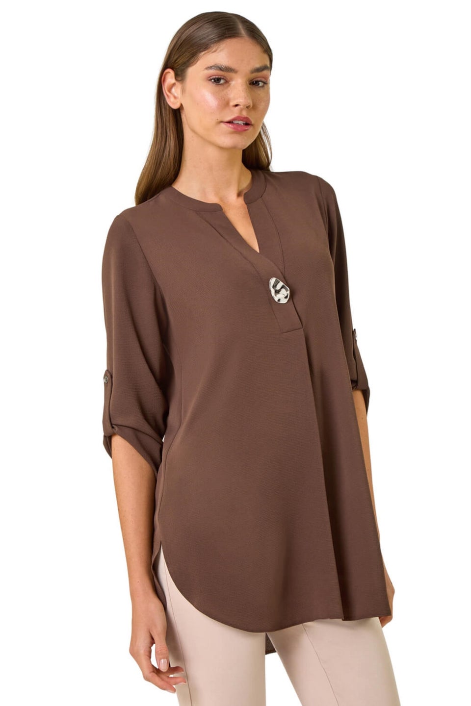 Roman Chocolate Button Detail Longline Blouse