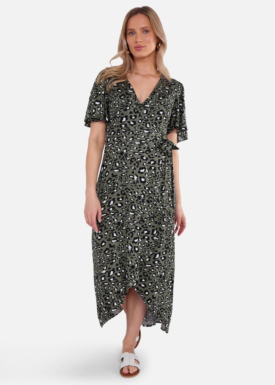 Gini London Khaki Animal Print Viscose Wrap Midi Dress