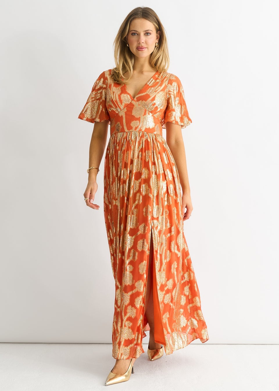 Gini London Orange Metallic Jacquard Flutter Sleeves Maxi Dress