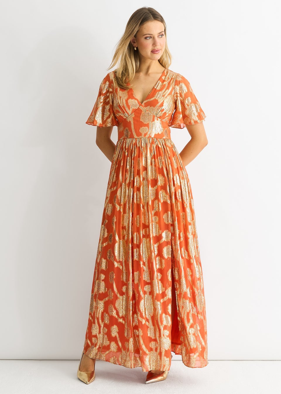 Gini London Orange Metallic Jacquard Flutter Sleeves Maxi Dress