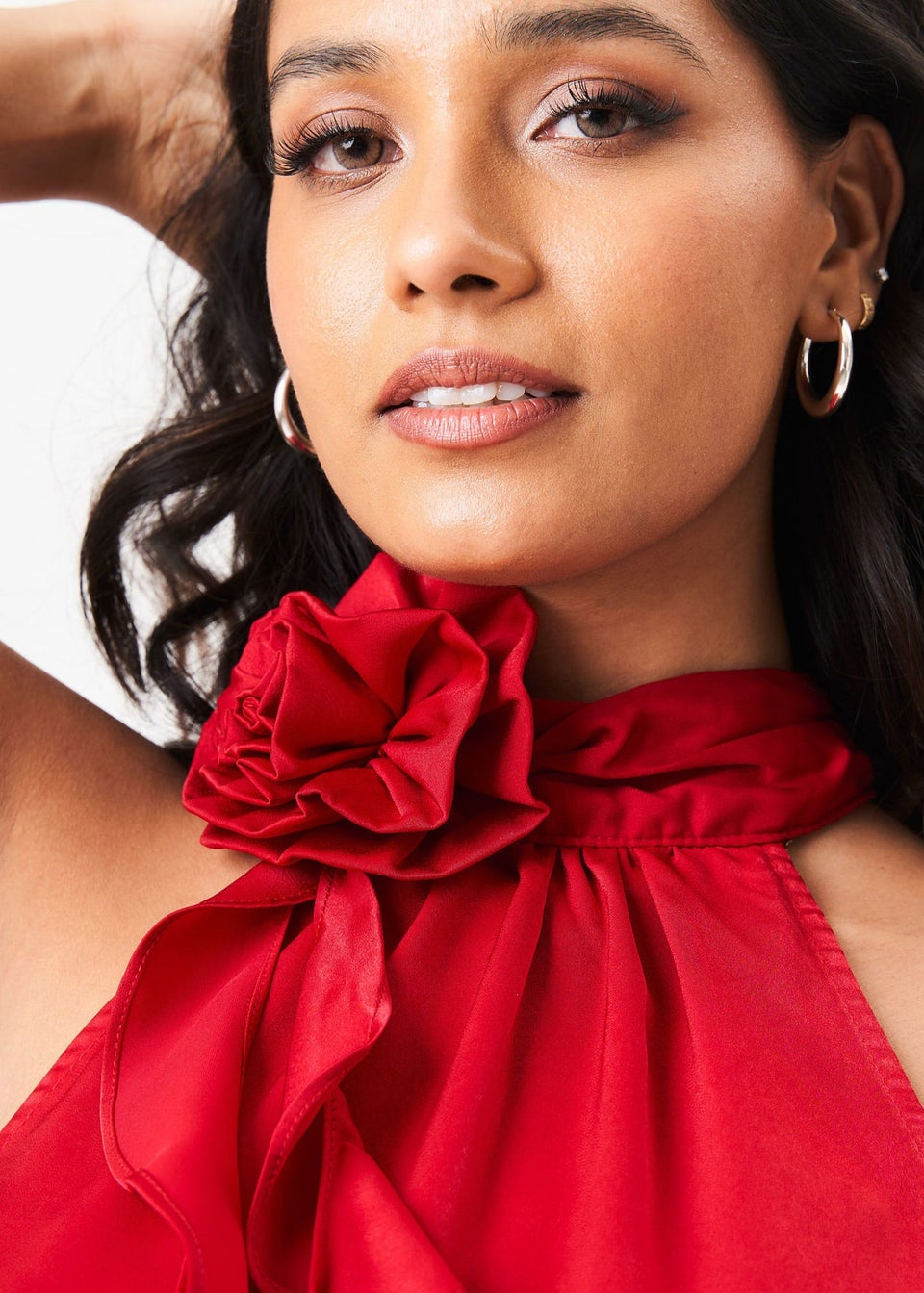 Gini London Red Corsage Frill Halter Neck Top