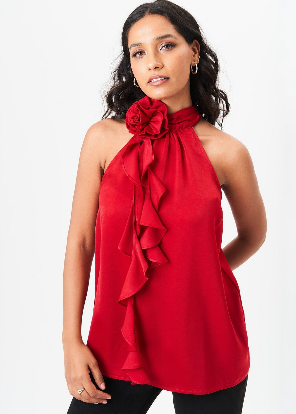 Gini London Red Corsage Frill Halter Neck Top