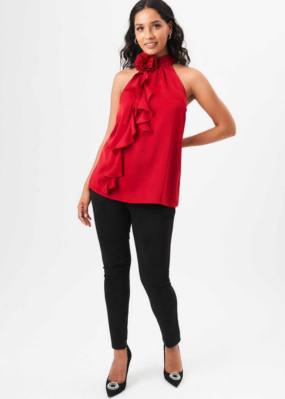 Gini London Red Corsage Frill Halter Neck Top