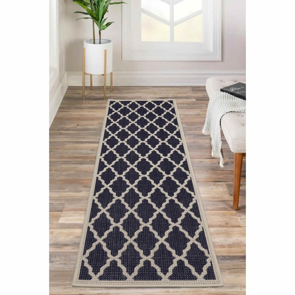 Homemaker Navy Trellis Gel Flatweave Runner Rug