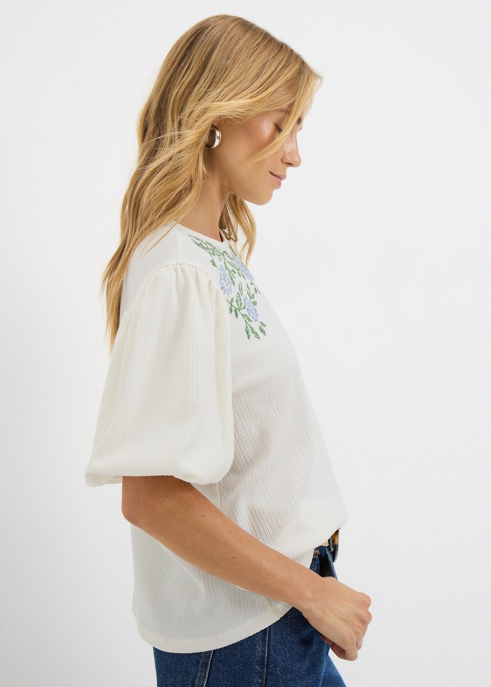 White Textured Embroidered T-Shirt