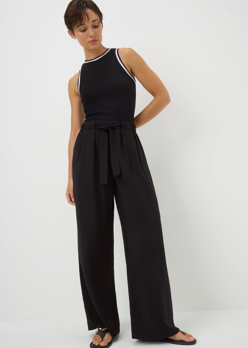 Black Tie Waist Wide Leg Trousers