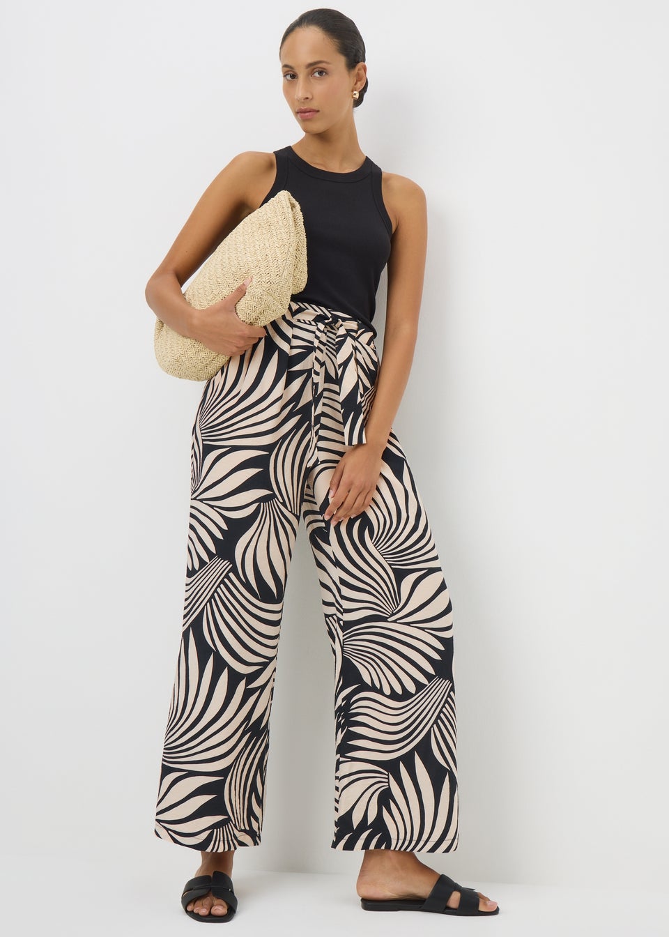 Black Mono Print Wide Leg Trousers