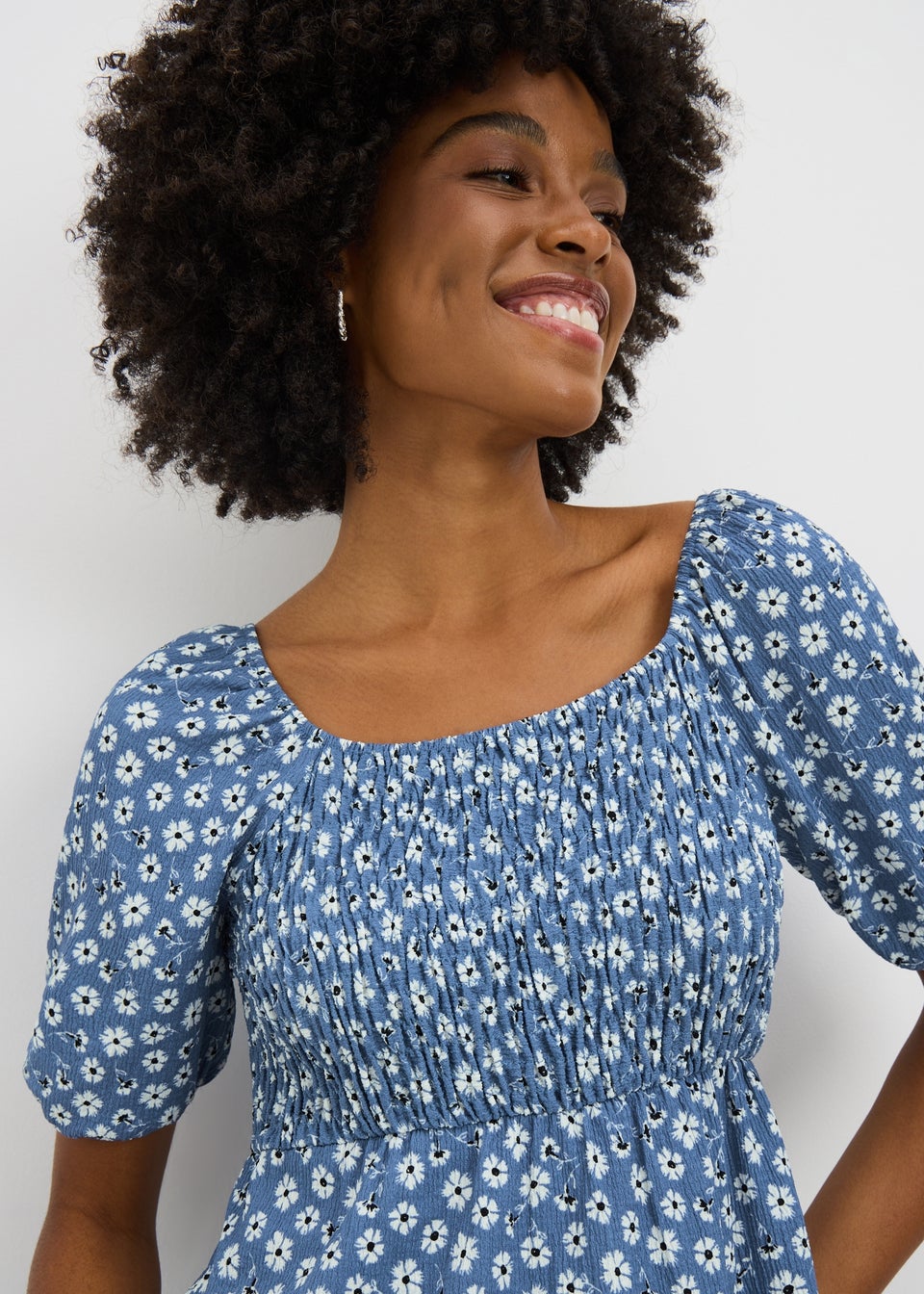 Womens Ditsy Shirred Midi Blue Dress