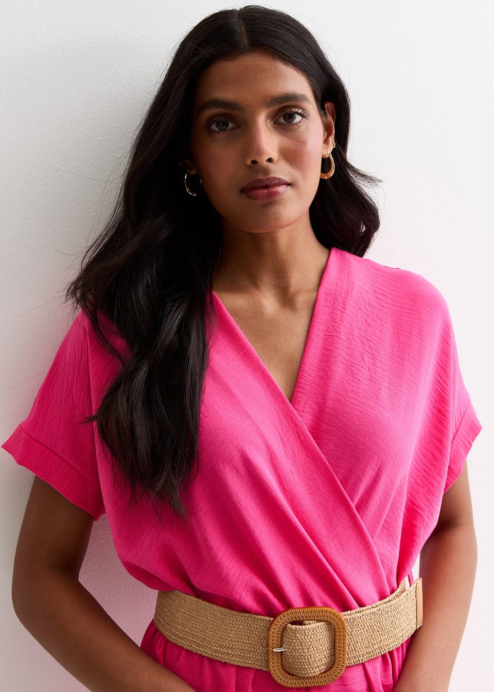 Gini London Pink Short Sleeves Elasticated Waist Belted Jumpsuit