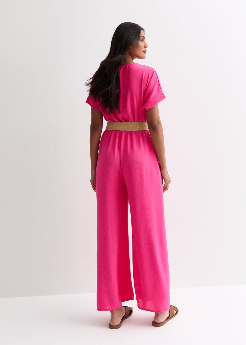 Gini London Pink Short Sleeves Elasticated Waist Belted Jumpsuit