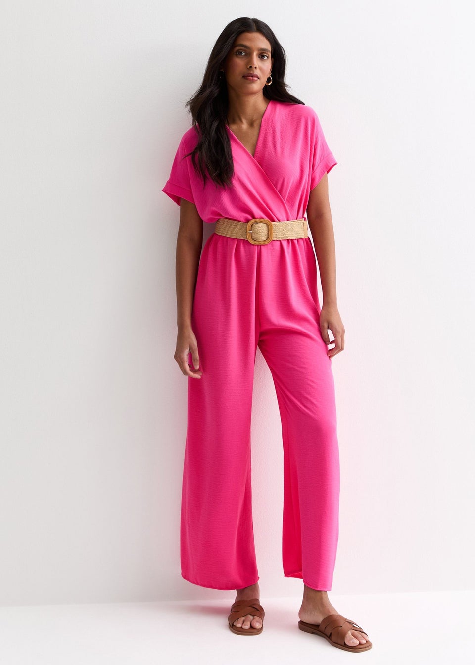 Gini London Pink Short Sleeves Elasticated Waist Belted Jumpsuit