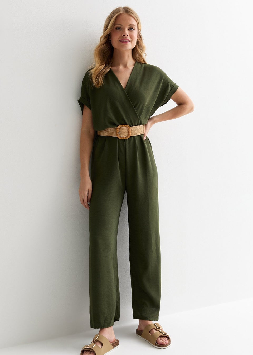 Gini London Khaki Short Sleeves Elasticated Waist Belted Jumpsuit