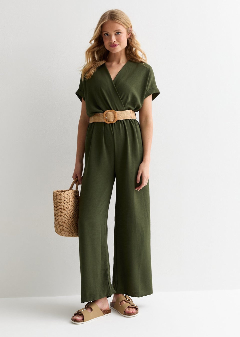 Gini London Khaki Short Sleeves Elasticated Waist Belted Jumpsuit
