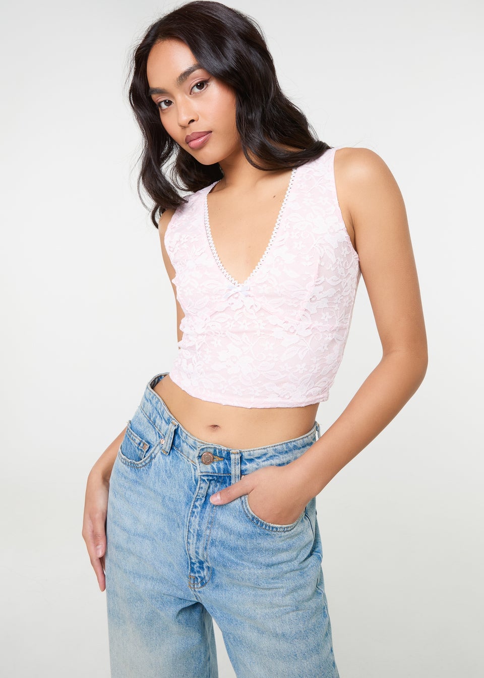 Pink Vanilla Pink V Neck Lace Crop Top