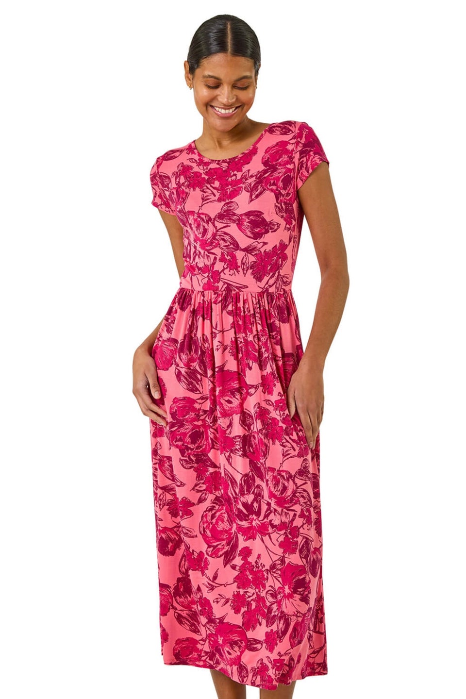 Roman Pink Floral Print Pocket Midi Dress