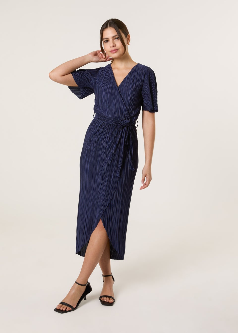 Blue Vanilla Navy Plisse Wrap Over Midi Dress