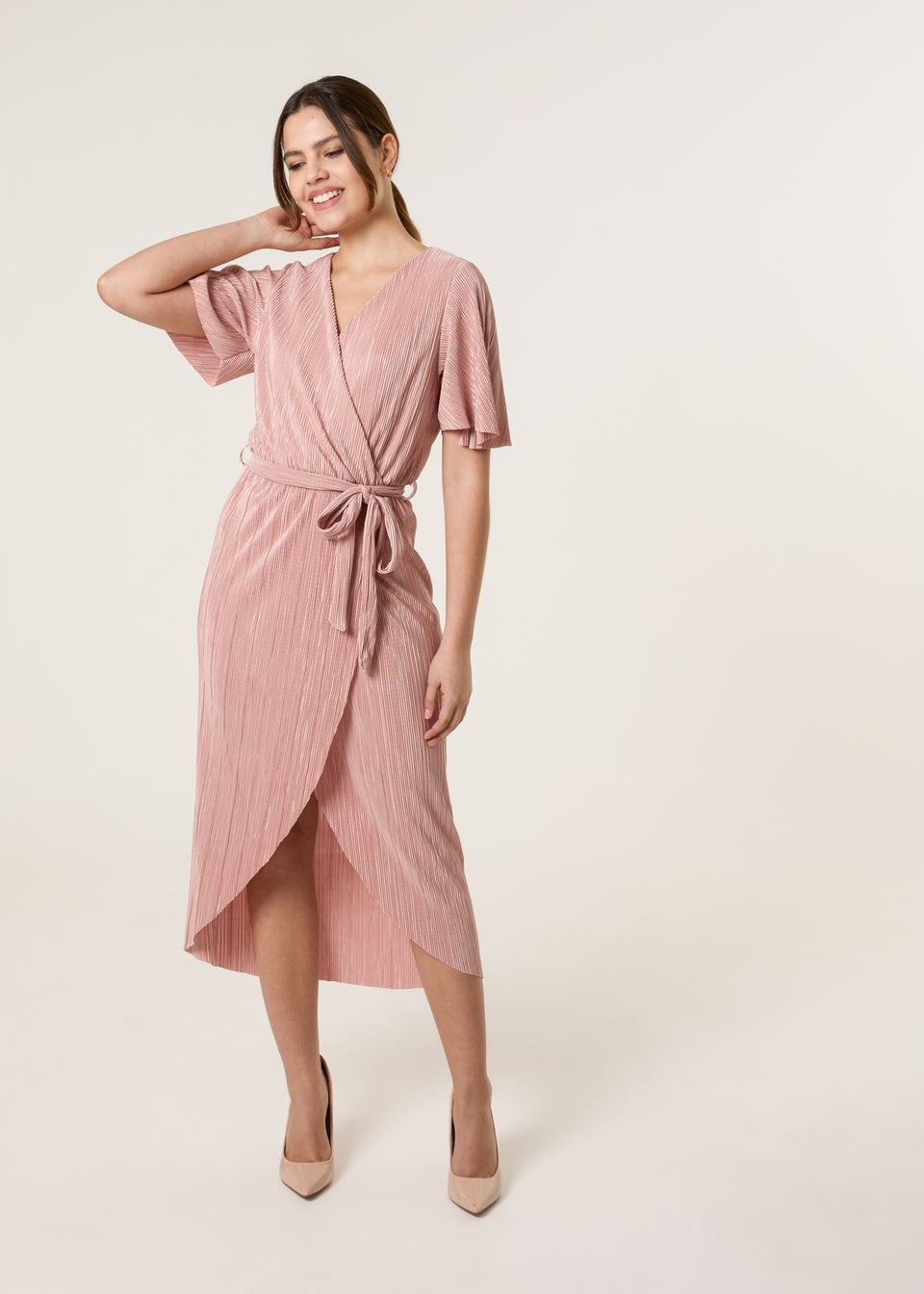 Blue Vanilla Pink Plisse Wrap Over Midi Dress