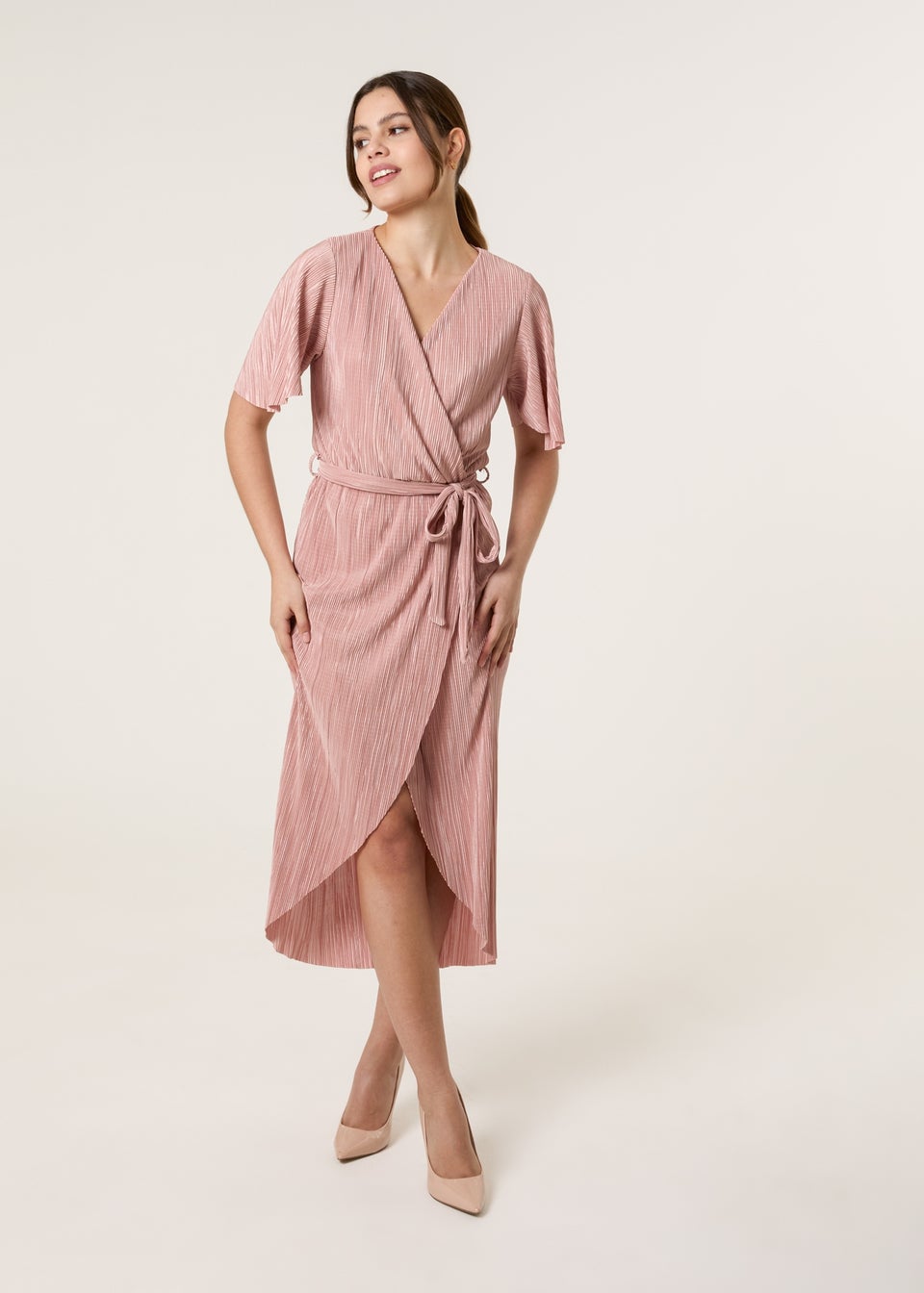 Blue Vanilla Pink Plisse Wrap Over Midi Dress