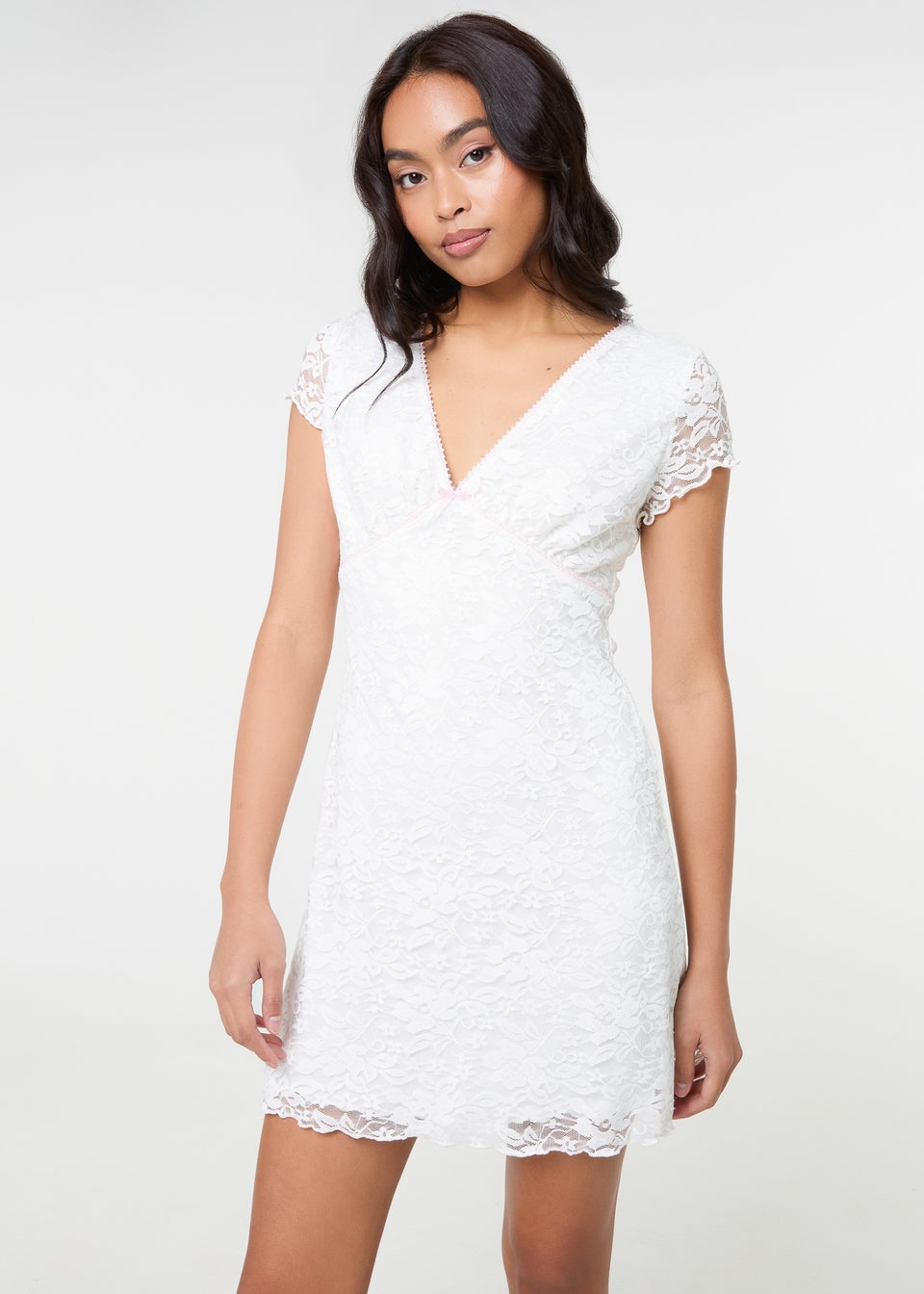 Pink Vanilla Ivory Cap Sleeve Lace Mini Dress