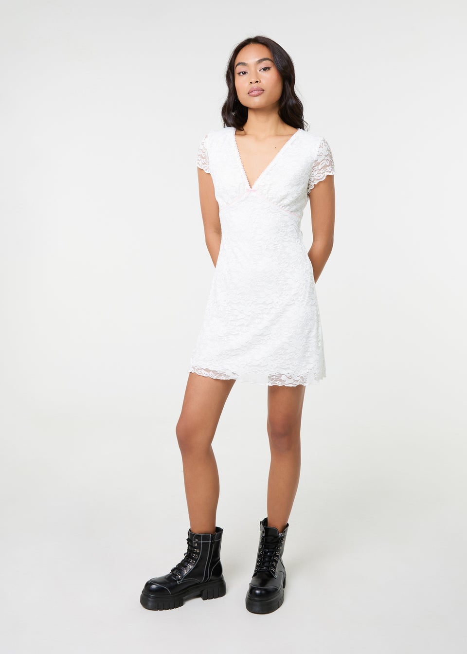 Pink Vanilla Ivory Cap Sleeve Lace Mini Dress