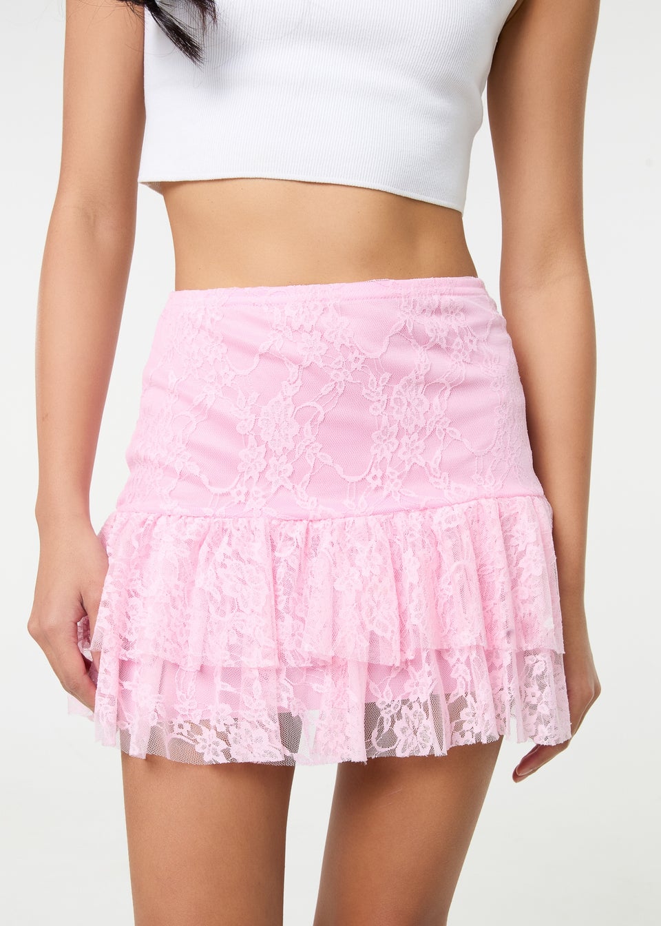 Pink Vanilla Pink Lace Ruffle Mini Skirt