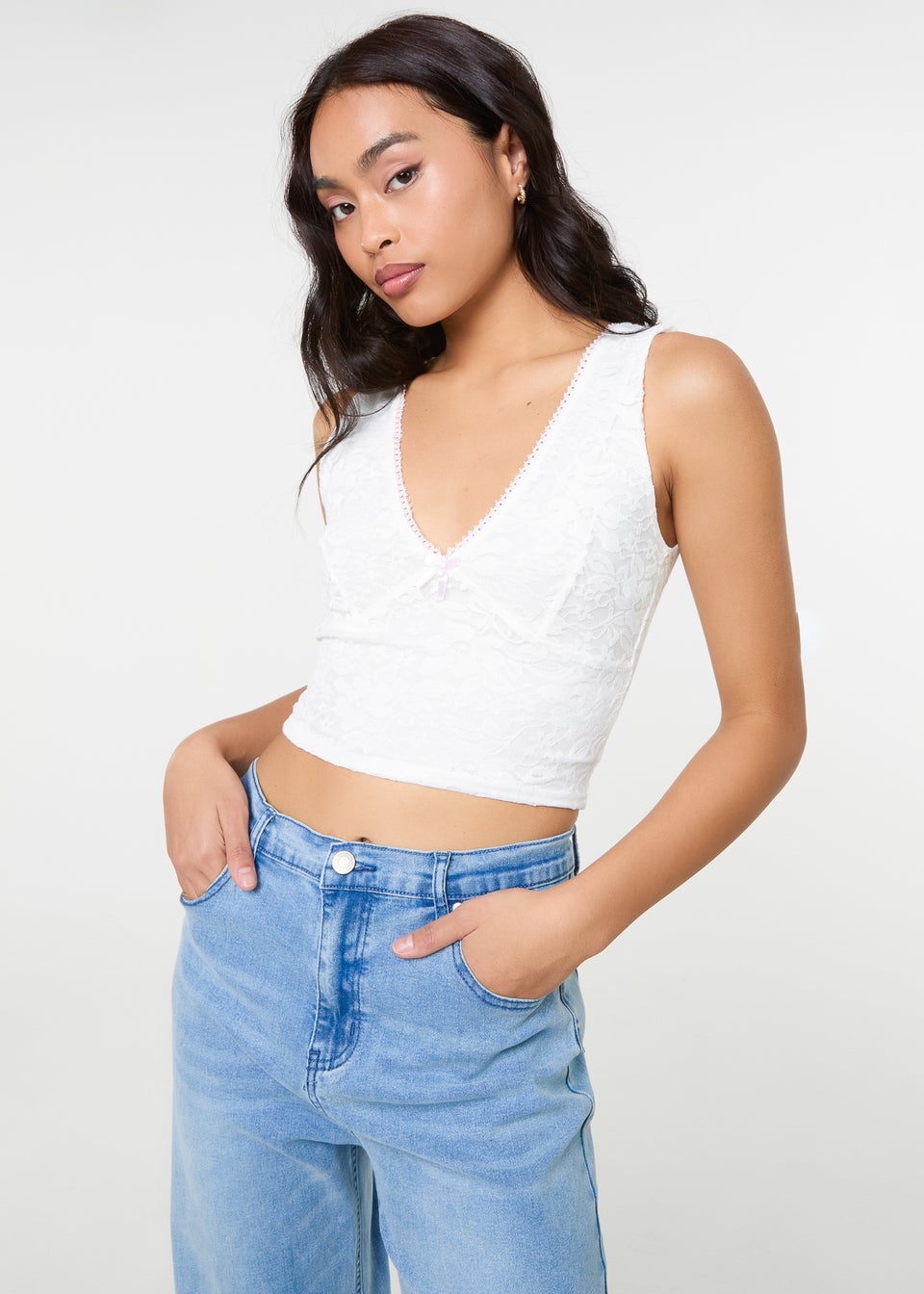 Pink Vanilla Ivory V Neck Lace Crop Top
