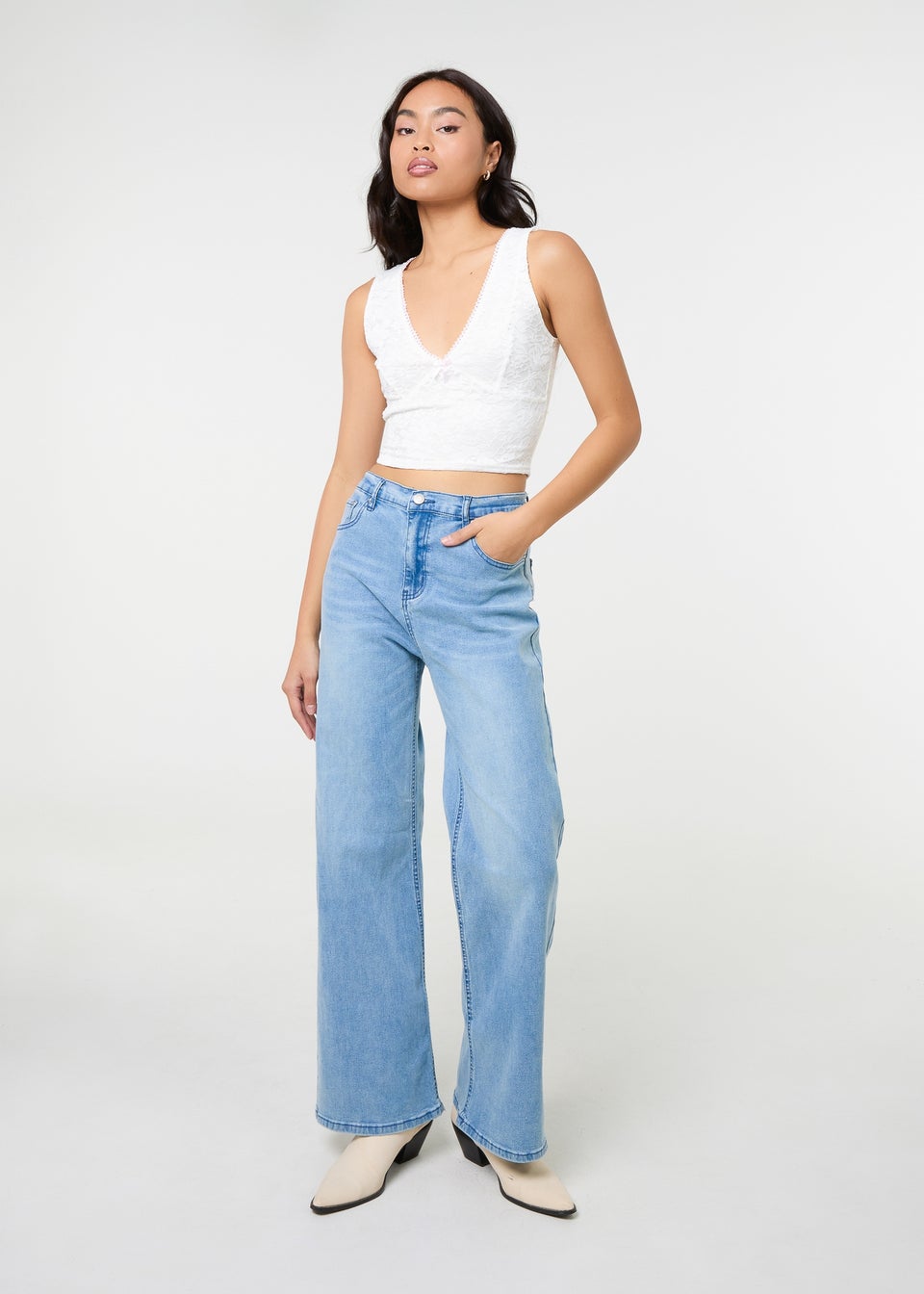Pink Vanilla Ivory V Neck Lace Crop Top
