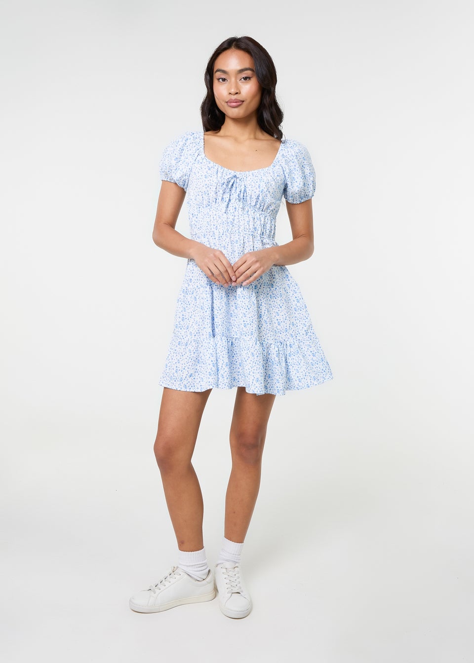 Pink Vanilla Blue Puff Sleeve Printed Mini Dress
