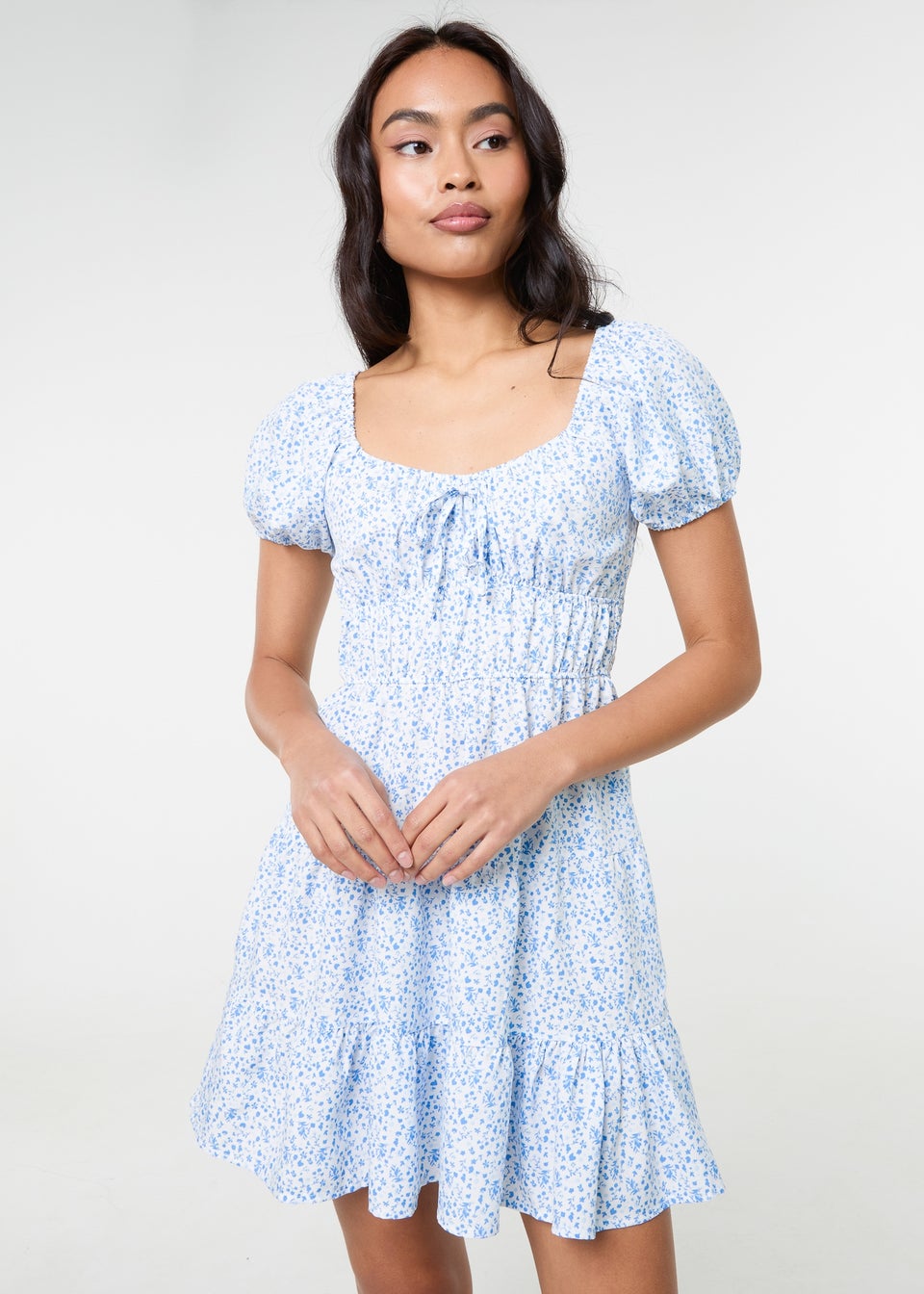 Pink Vanilla Blue Puff Sleeve Printed Mini Dress