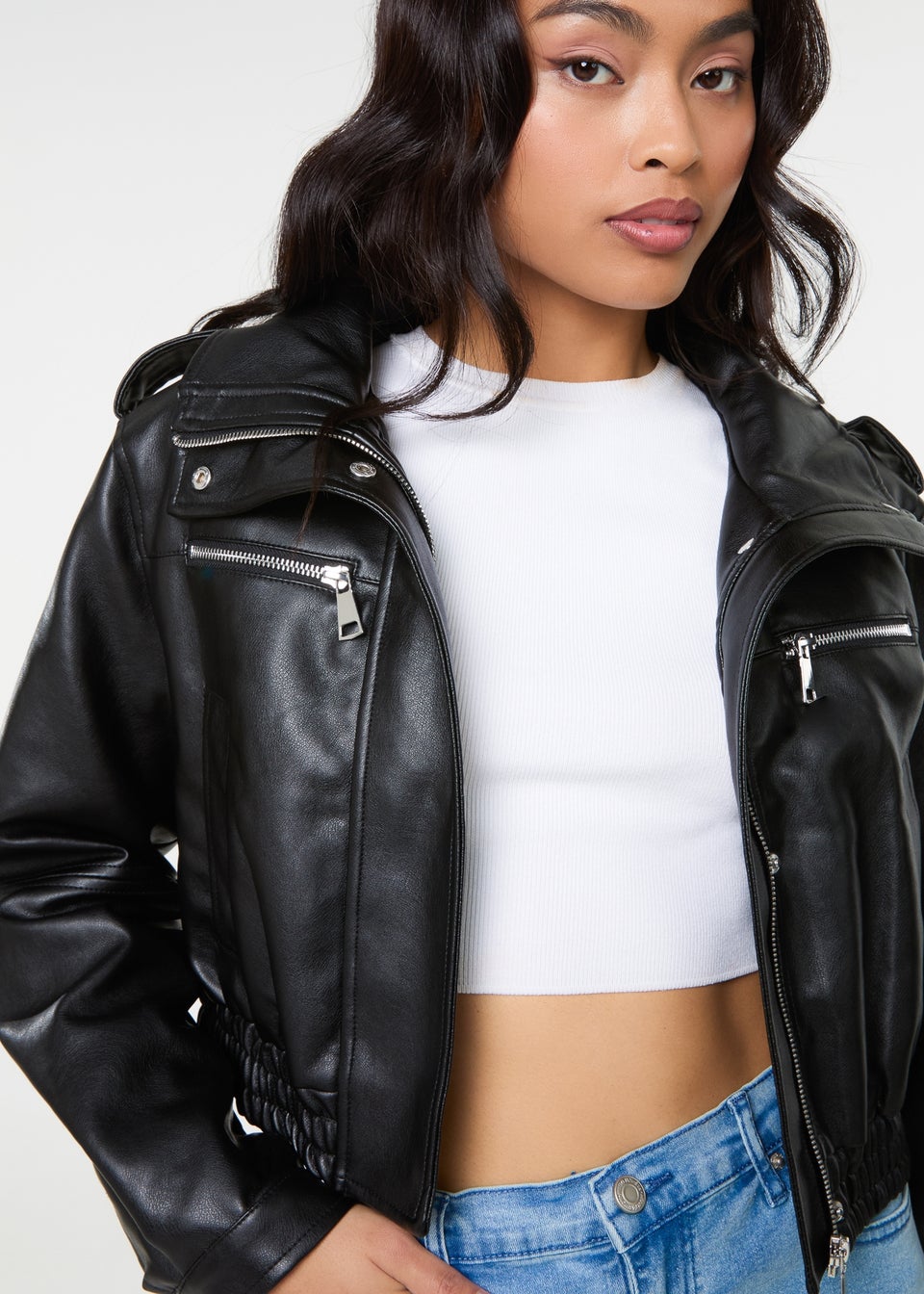 Pink Vanilla Black Pocket Detail PU Cropped Bomber Jacket