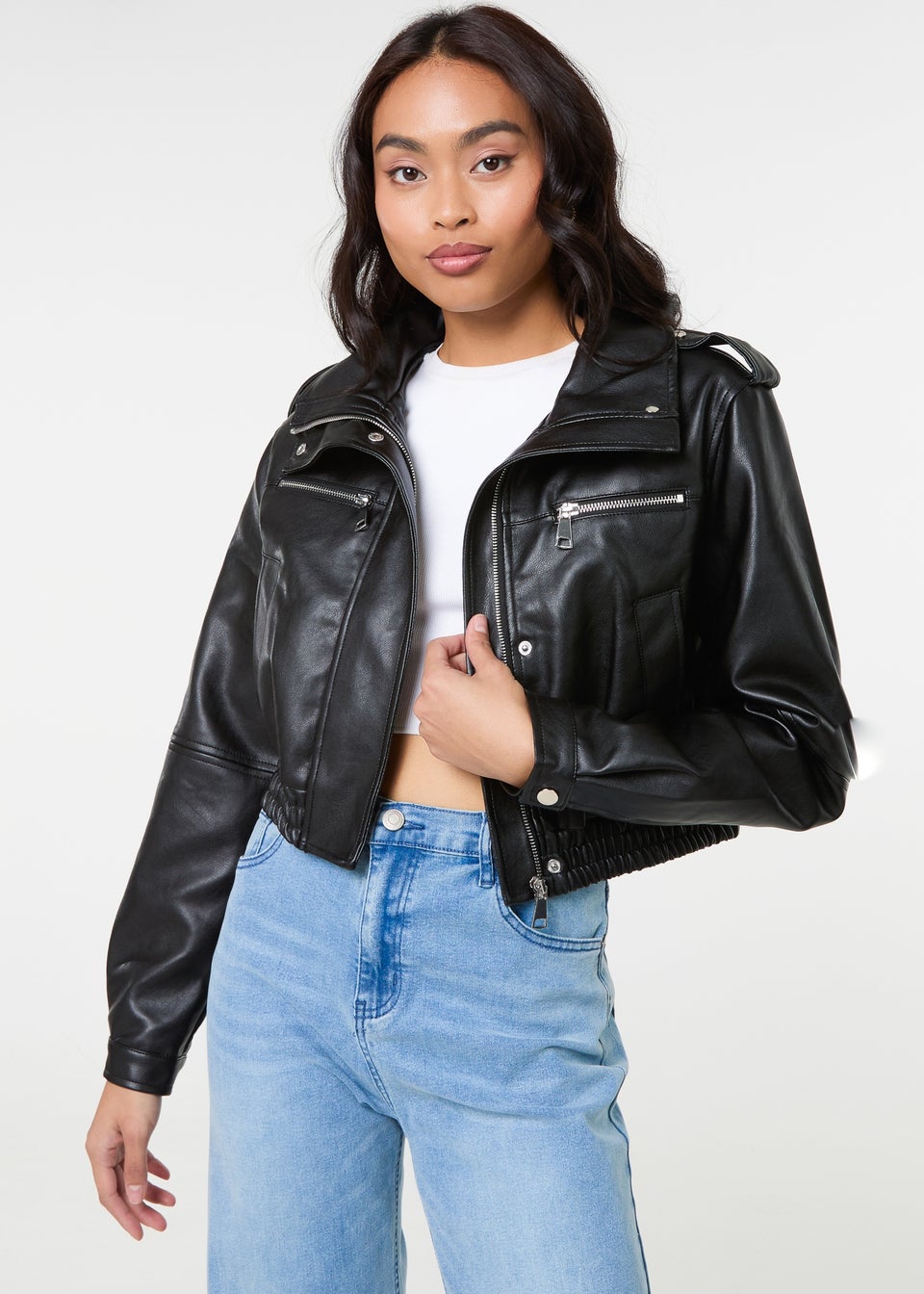 Pink Vanilla Black Pocket Detail PU Cropped Bomber Jacket
