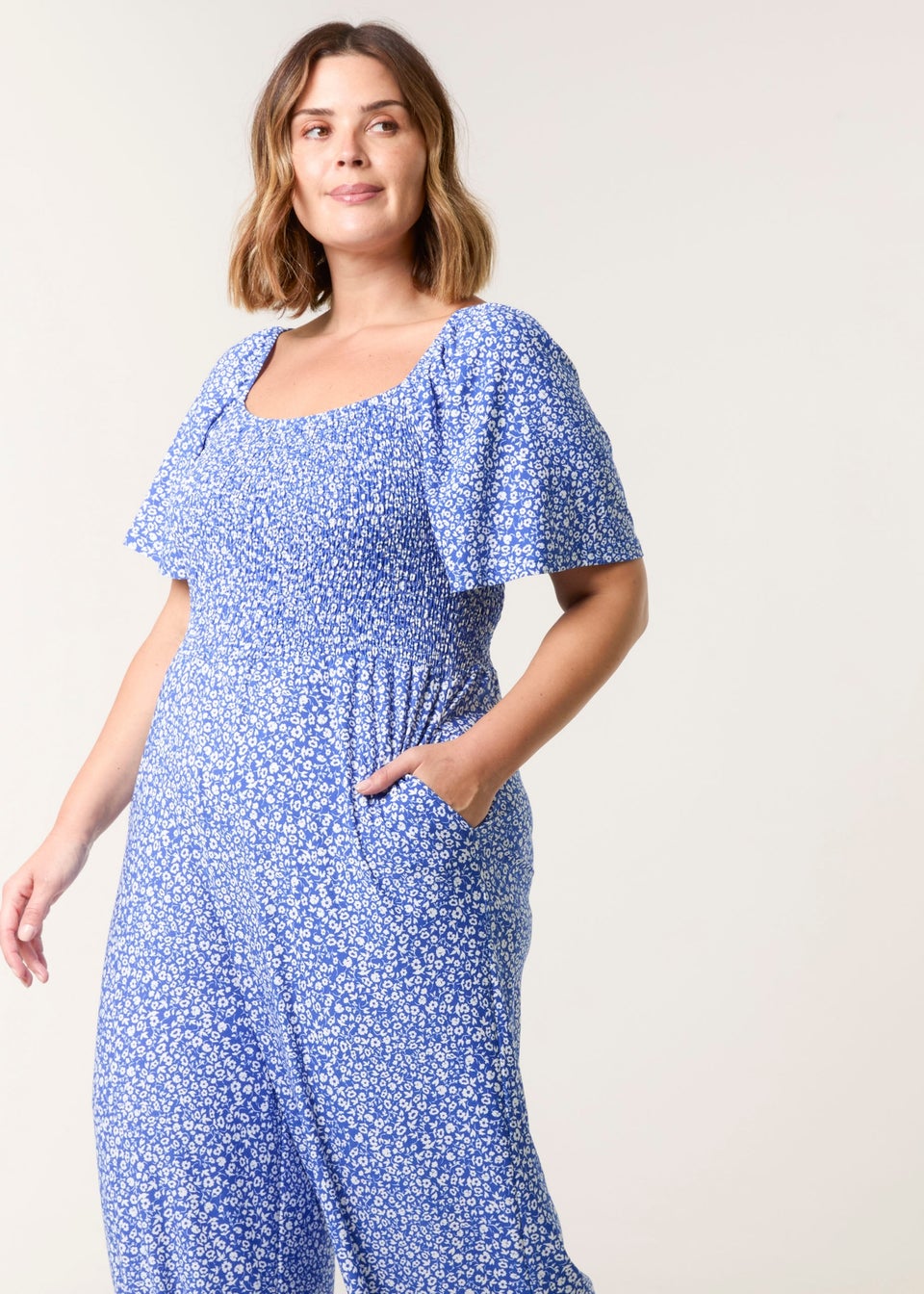 Blue Vanilla Blue Curve Square Neck Shirred Jumpsuit