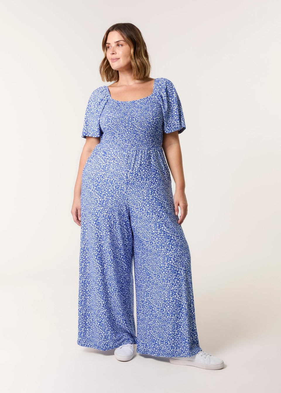 Blue Vanilla Blue Curve Square Neck Shirred Jumpsuit