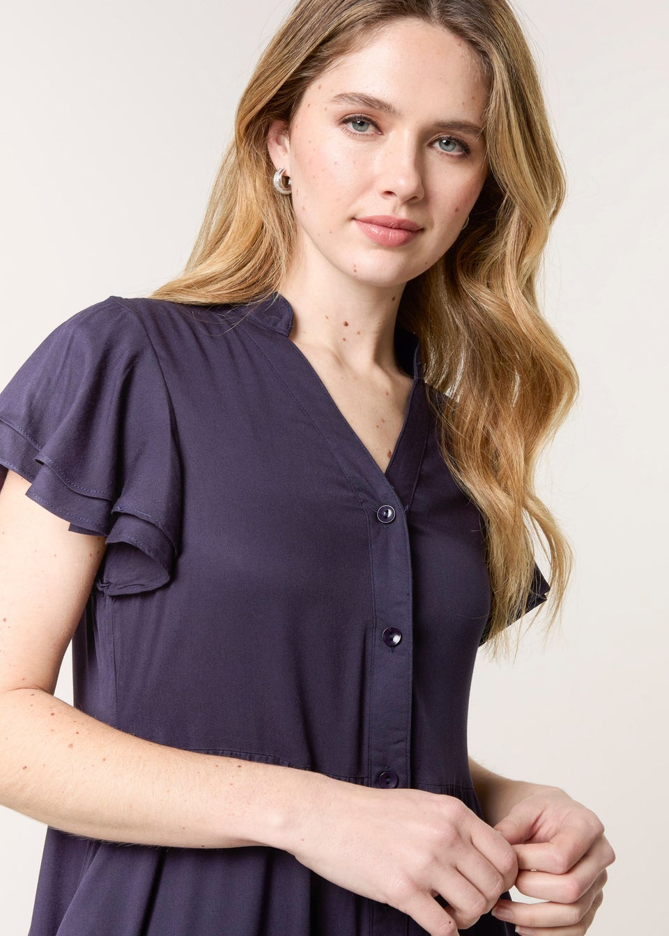 Blue Vanilla Navy Angel Sleeve Button Front Midi Dress
