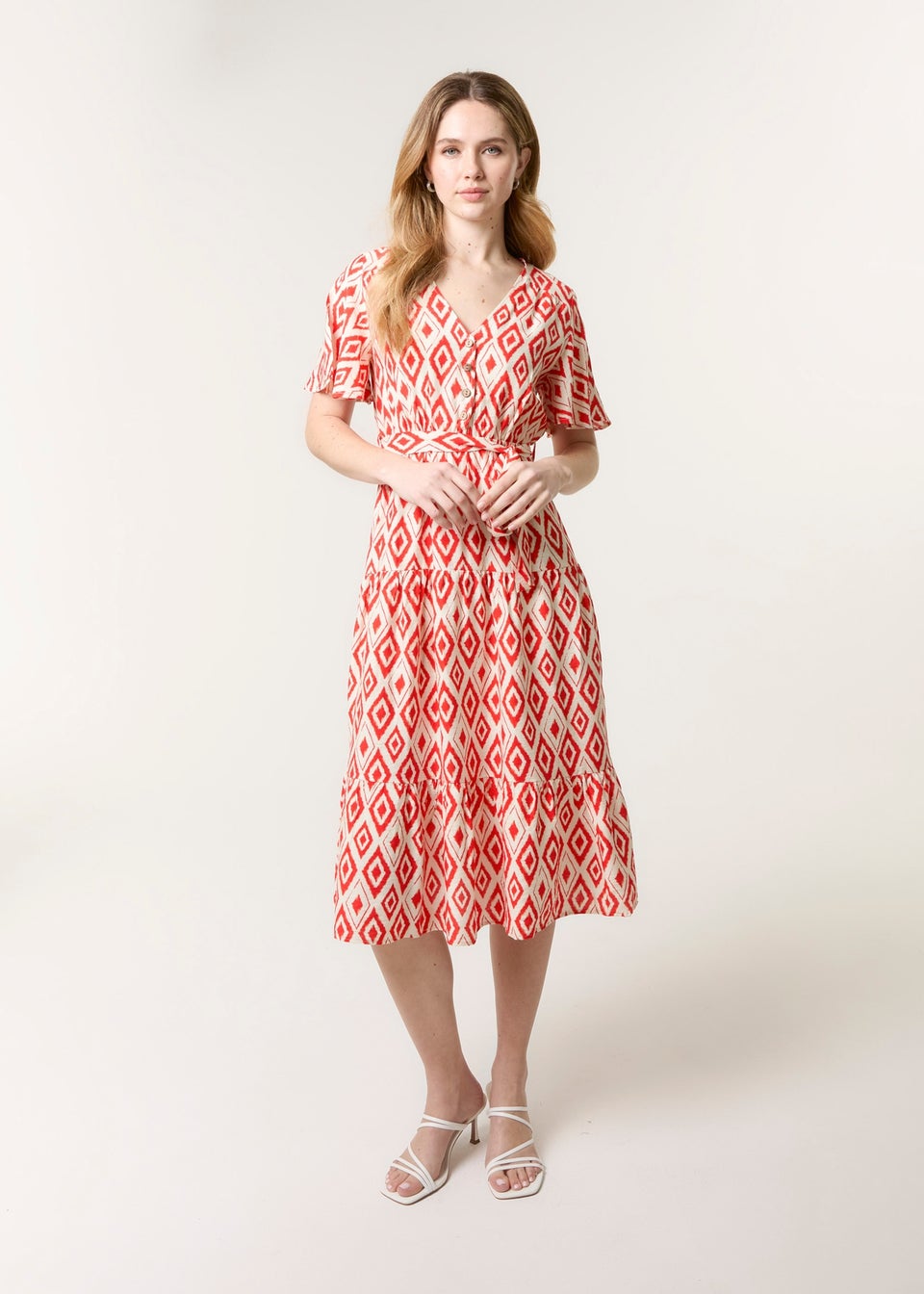 Blue Vanilla Red Diamond Print Button Front Midi Dress