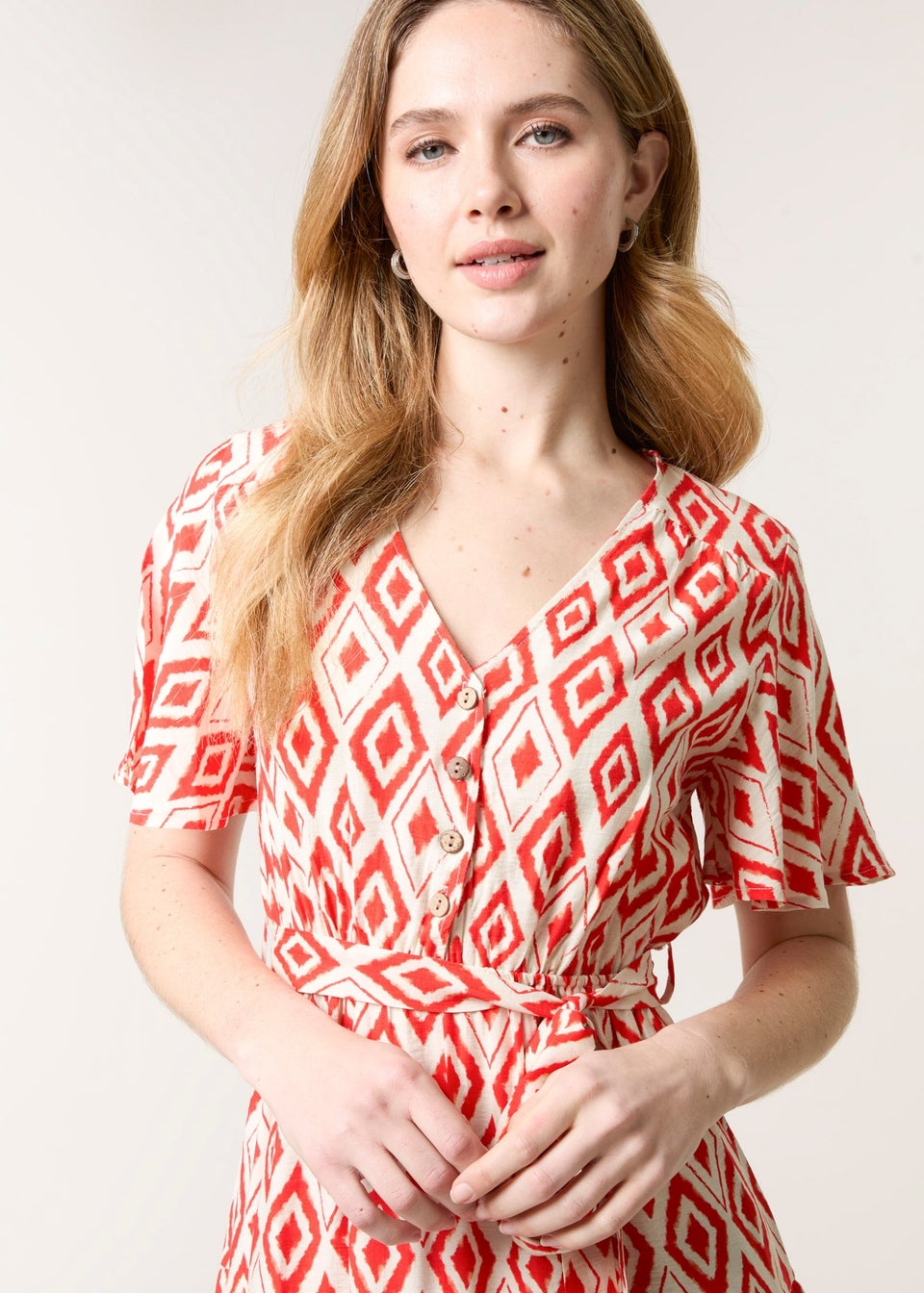 Blue Vanilla Red Diamond Print Button Front Midi Dress