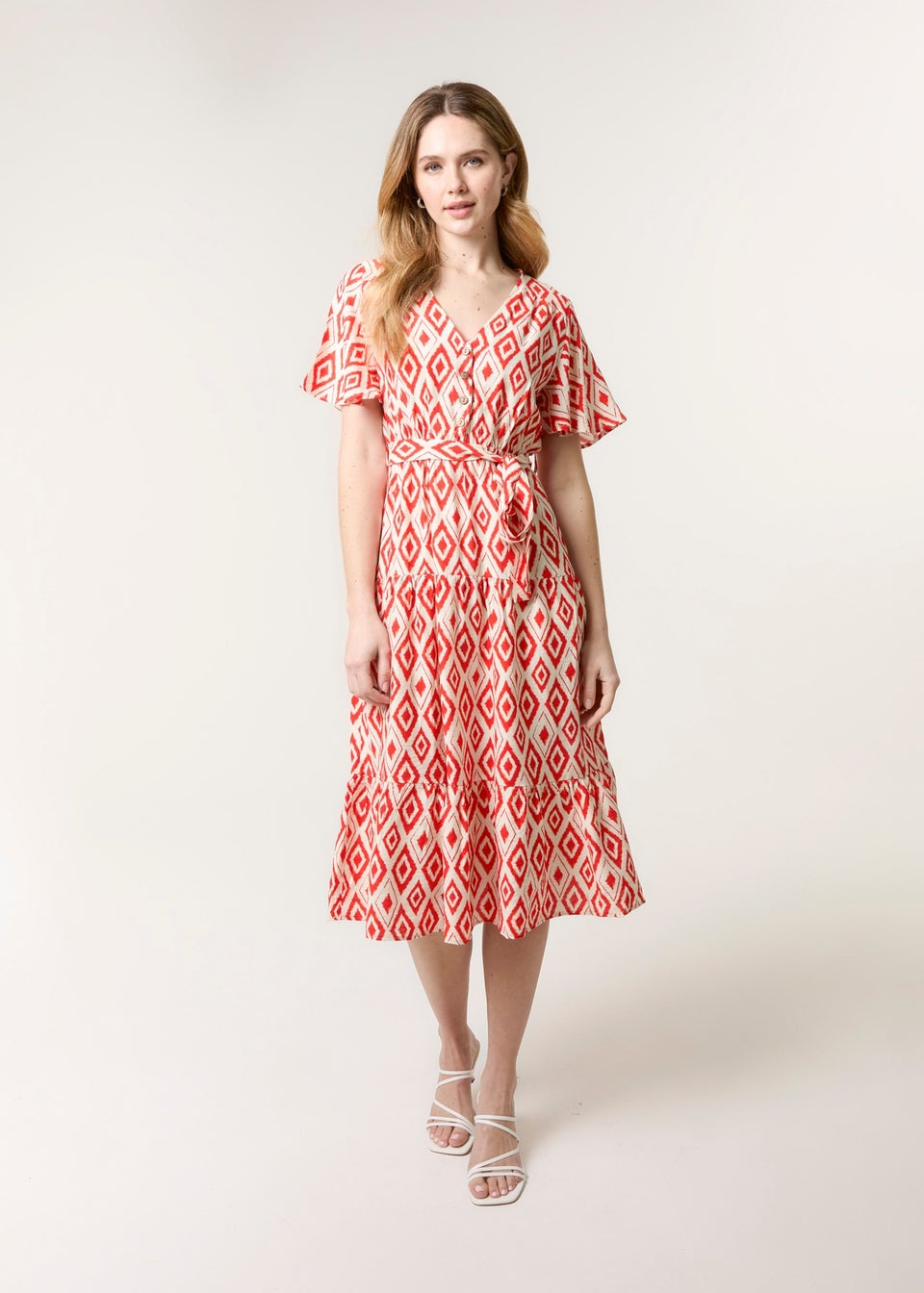 Blue Vanilla Red Diamond Print Button Front Midi Dress