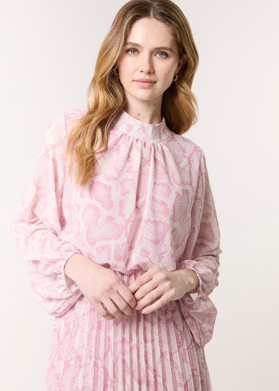 Blue Vanilla Pink Snakeskin High Neck Pleat Dress