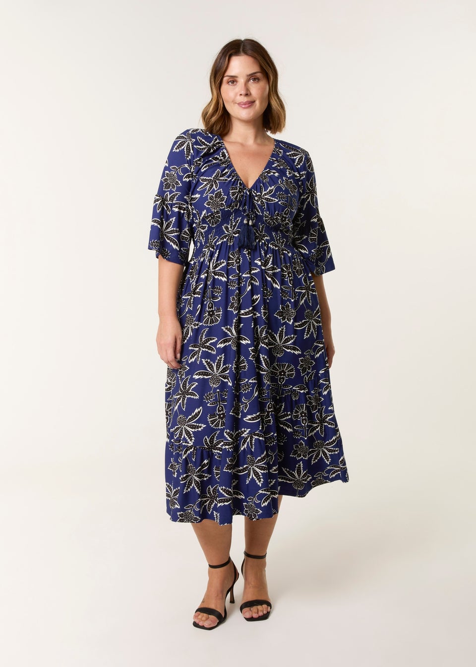 Blue Vanilla Blue Curve Elasticated V Neck Tassel Tie Midi Dress