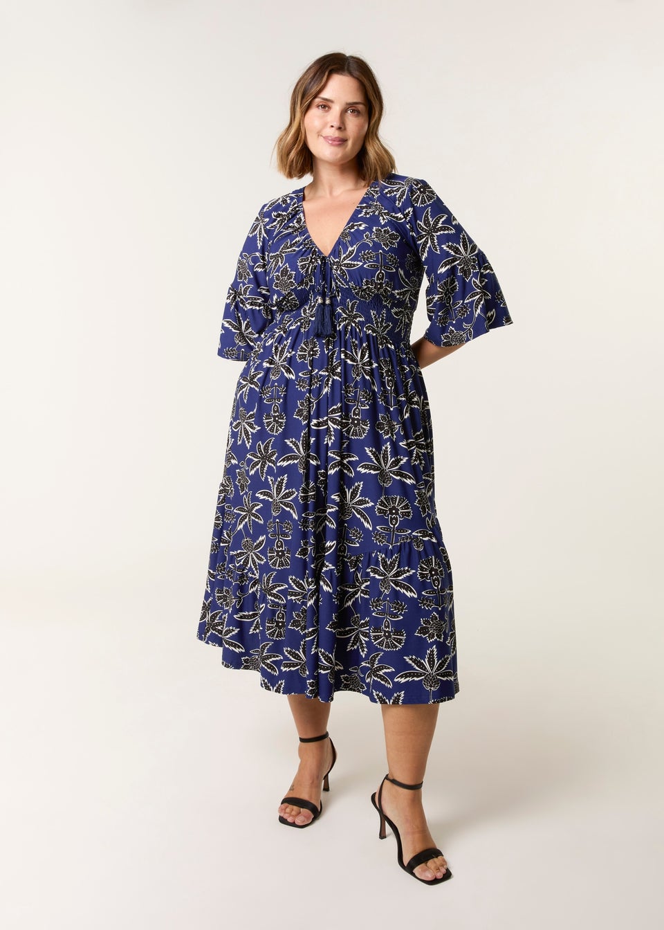 Blue Vanilla Blue Curve Elasticated V Neck Tassel Tie Midi Dress