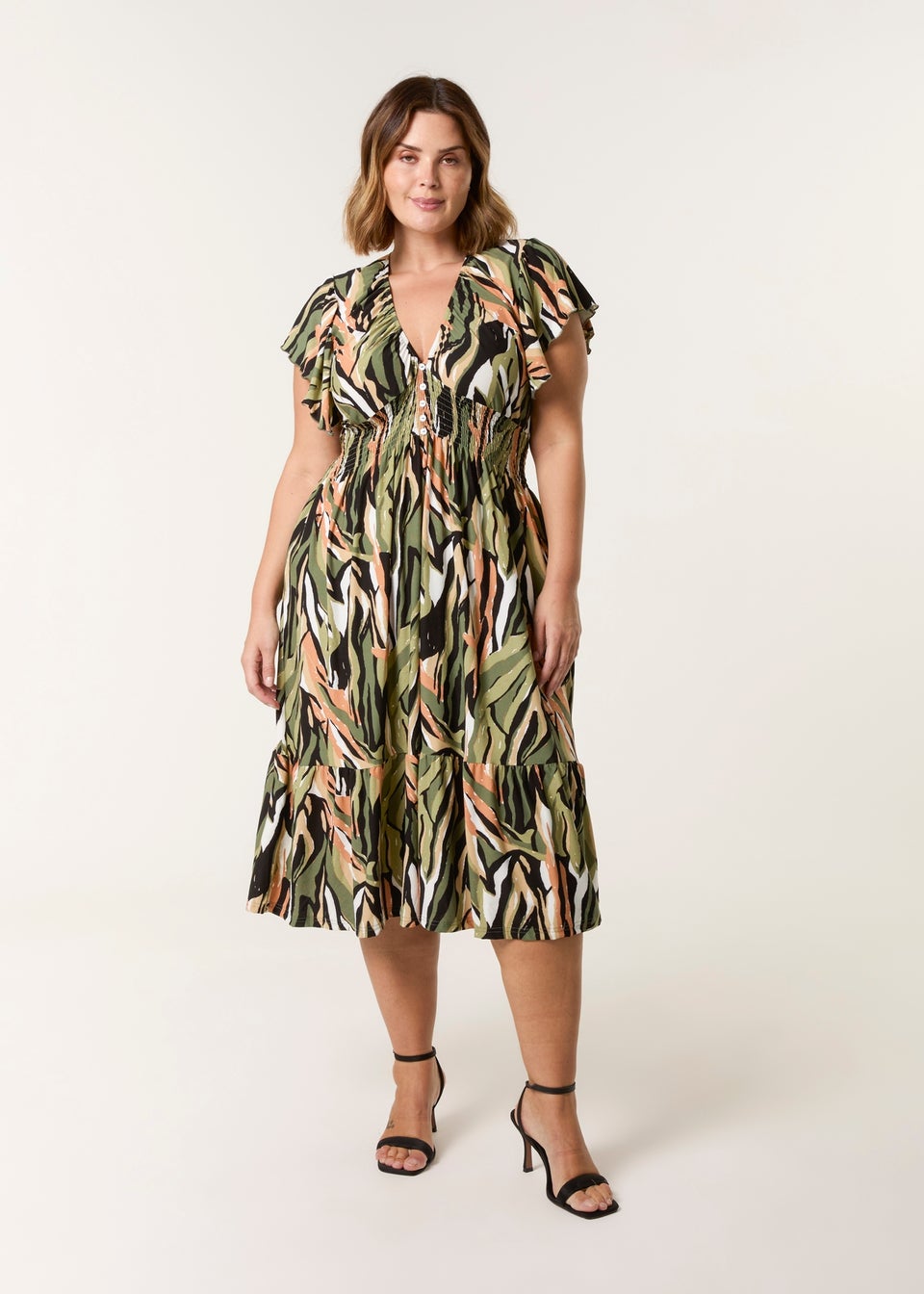 Blue Vanilla Khaki Curve Elasticated Neck Shirred Waist Midi Dress