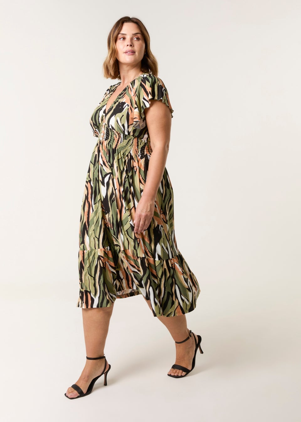 Blue Vanilla Khaki Curve Elasticated Neck Shirred Waist Midi Dress