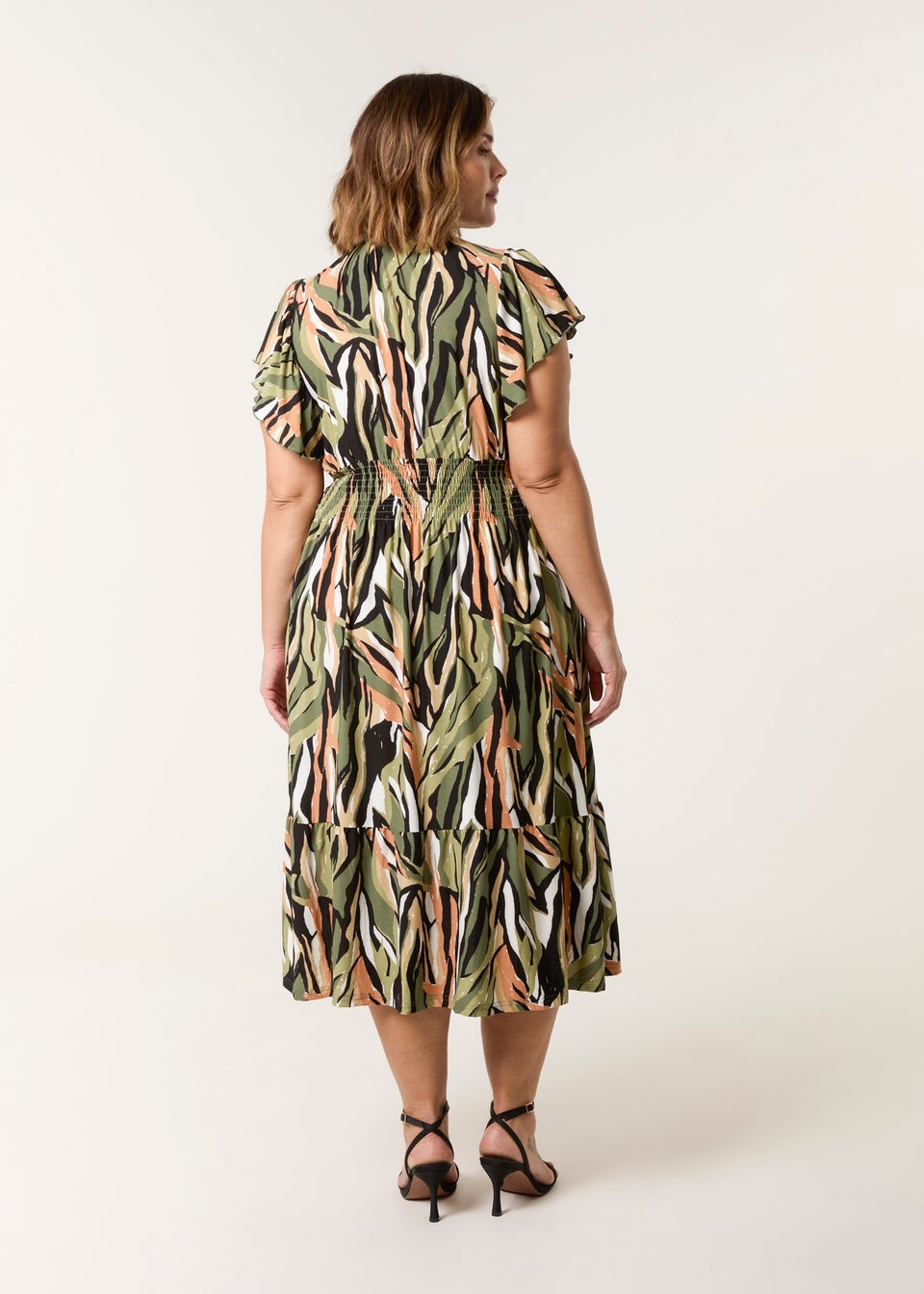 Blue Vanilla Khaki Curve Elasticated Neck Shirred Waist Midi Dress