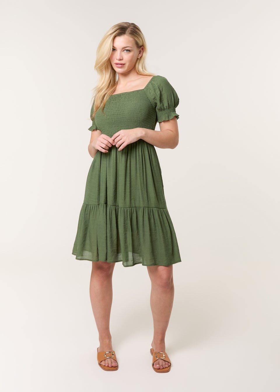 Blue Vanilla Khaki Shirred Puff Sleeve Mini Dress