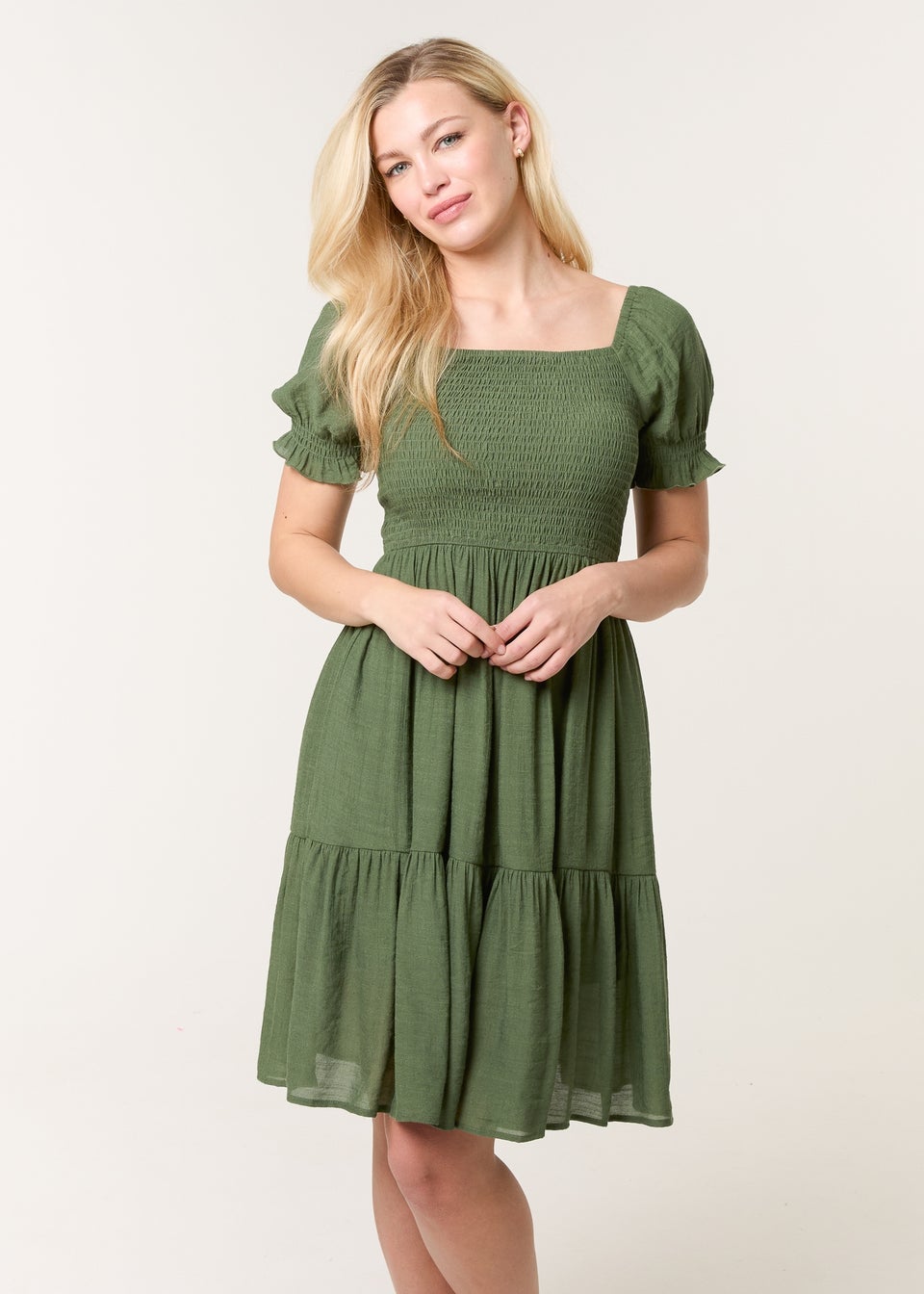 Blue Vanilla Khaki Shirred Puff Sleeve Mini Dress