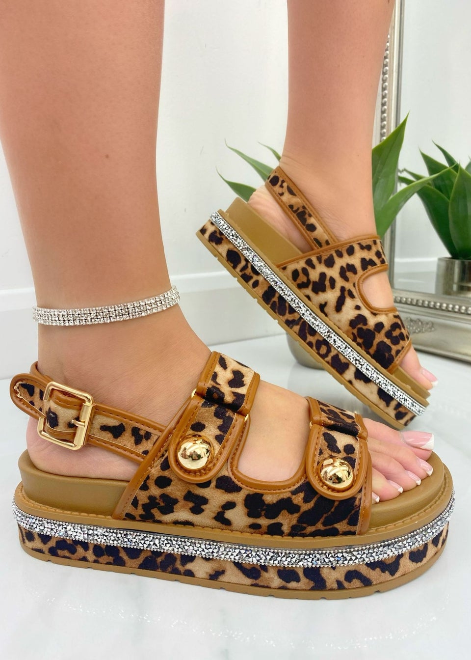 Love Lemonade Leopard  Crystal Trim Platform Sandals