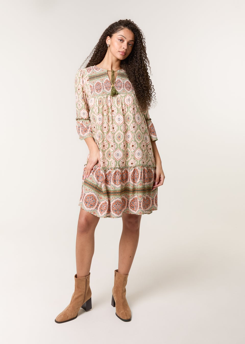 Blue Vanilla Khaki Mix Print Smock Dress With Tassel Tie