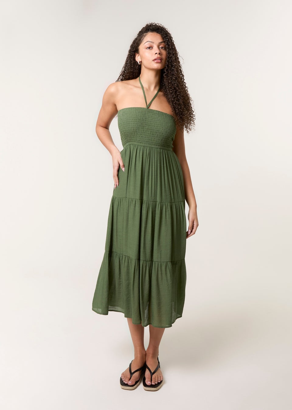 Blue Vanilla Khaki Bandeau Tiered Midi Dress