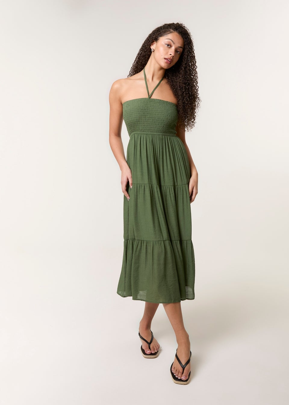 Blue Vanilla Khaki Bandeau Tiered Midi Dress