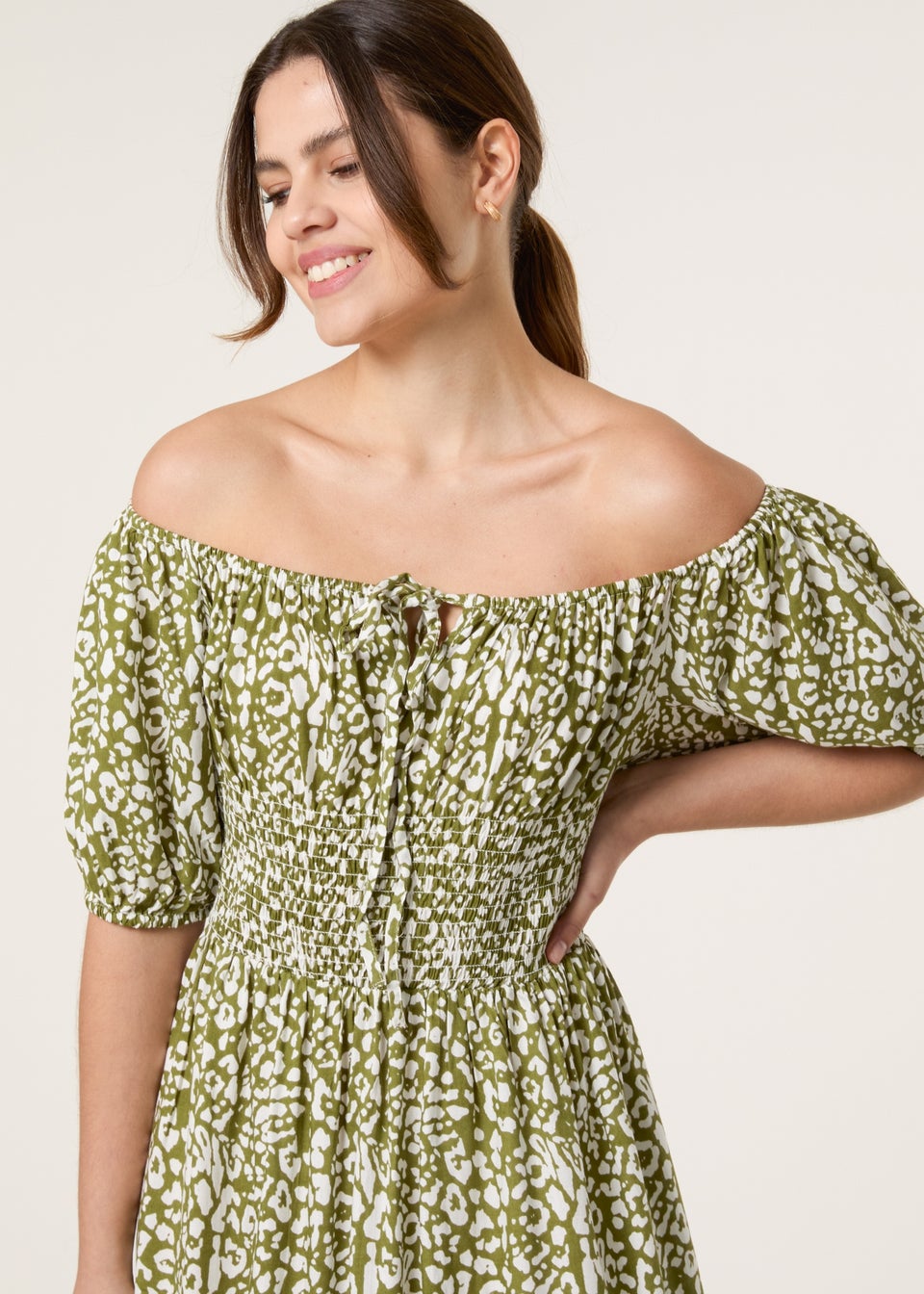 Blue Vanilla Khaki Tie Front Shirred Dress